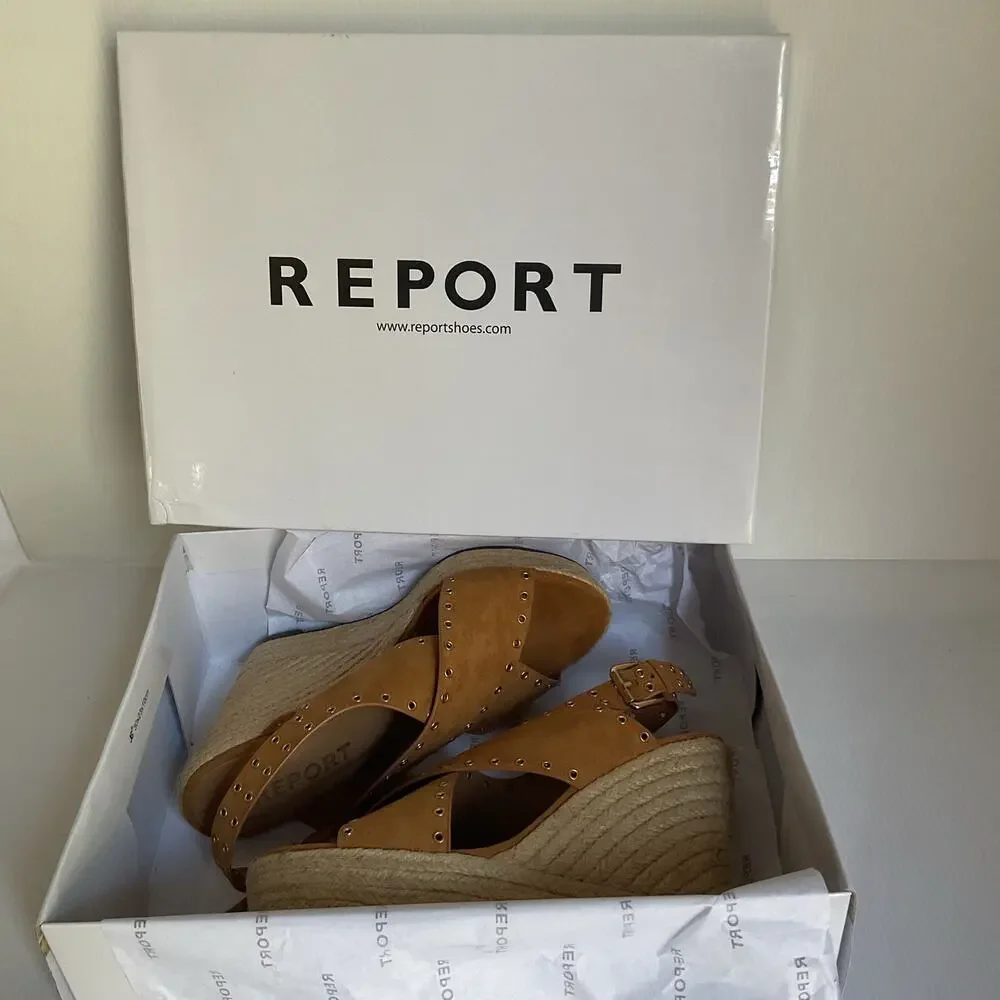 Report Wedge Sandals  Caden Espadrille Studded Tan Platform Peep Toe Boxed Sz 7